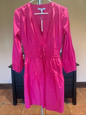 Derek Lam Hot Pink Long Sleeve V-Neck Midi Dress